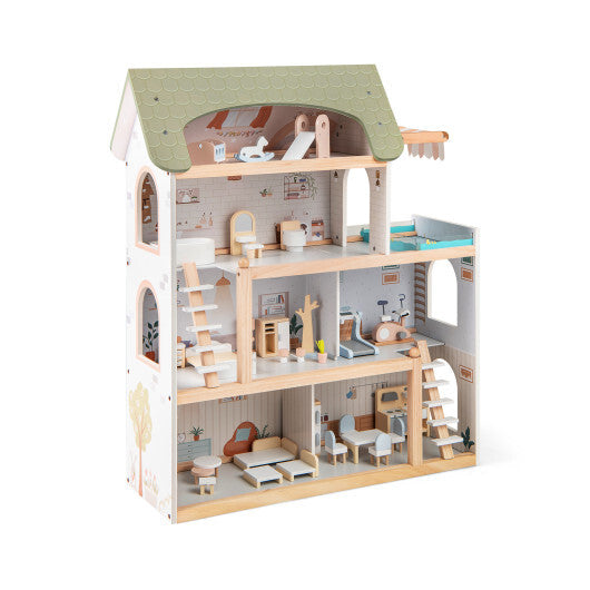 Wooden Dollhouse Kids DIY Pretend Playhouse with 33 PCS Furniture Accessories-Green LuxuryLifeWay Online Store
