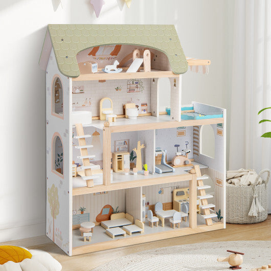 Wooden Dollhouse Kids DIY Pretend Playhouse with 33 PCS Furniture Accessories-Green LuxuryLifeWay Online Store