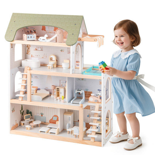 Wooden Dollhouse Kids DIY Pretend Playhouse with 33 PCS Furniture Accessories-Green LuxuryLifeWay Online Store