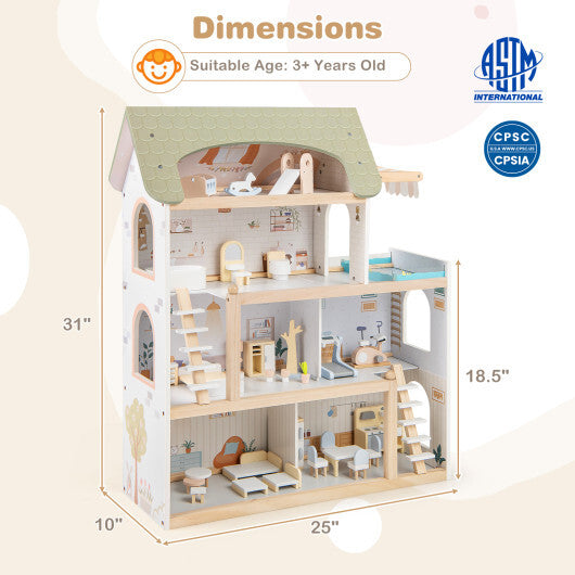 Wooden Dollhouse Kids DIY Pretend Playhouse with 33 PCS Furniture Accessories-Green LuxuryLifeWay Online Store