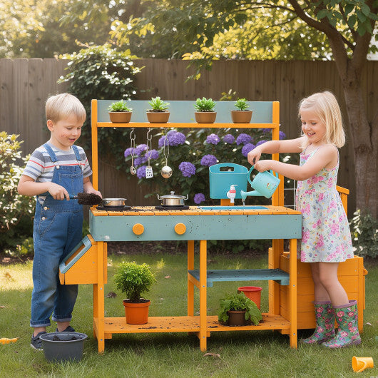 Costway Play Kitchen for Kids Wooden Toy Kitchen Playset Pretend Mud Kitchen-Yellow LuxuryLifeWay Online Store