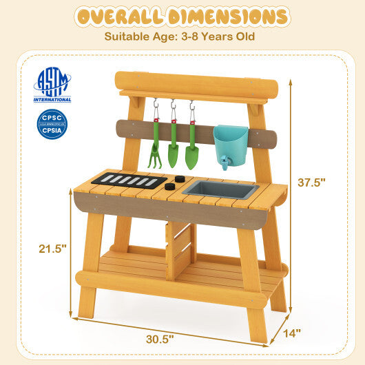 Outdoor Mud Kitchen for Kids Wooden Play Kitchen Toy for Boys Girls Aged 3-8-Yellow