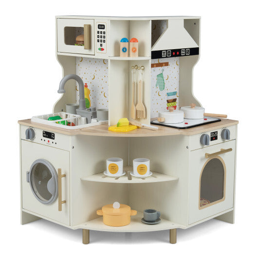 Kids Play Kitchen Wooden Corner Kitchen Playset with Working Faucet and Sink-Beige LuxuryLifeWay Online Store