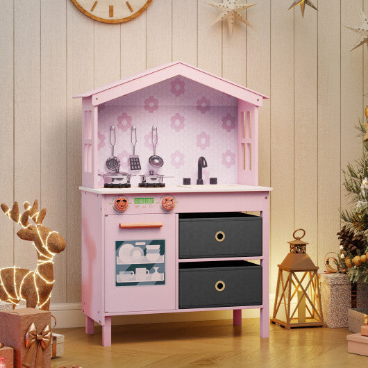 Kids Play Kitchen Children Toy Kitchen Playset with 2 Stoves and Rotation Knobs-Pink LuxuryLifeWay Online Store