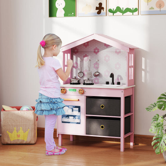 Kids Play Kitchen Children Toy Kitchen Playset with 2 Stoves and Rotation Knobs-Pink LuxuryLifeWay Online Store