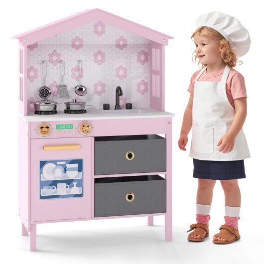 Kids Play Kitchen Children Toy Kitchen Playset with 2 Stoves and Rotation Knobs-Pink LuxuryLifeWay Online Store