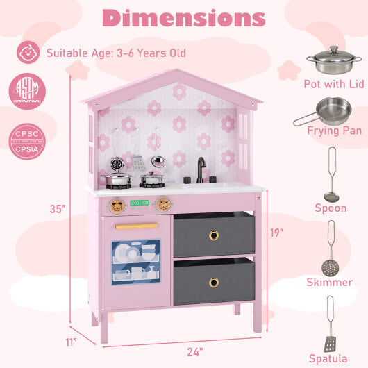 Kids Play Kitchen Children Toy Kitchen Playset with 2 Stoves and Rotation Knobs-Pink LuxuryLifeWay Online Store