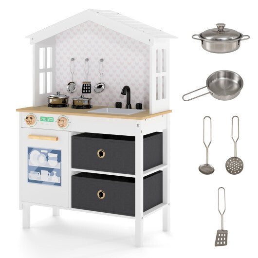 Kids Play Kitchen Children Toy Kitchen Playset with 2 Stoves and Rotation Knobs-Pink LuxuryLifeWay Online Store
