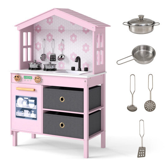 Kids Play Kitchen Children Toy Kitchen Playset with 2 Stoves and Rotation Knobs-Pink LuxuryLifeWay Online Store