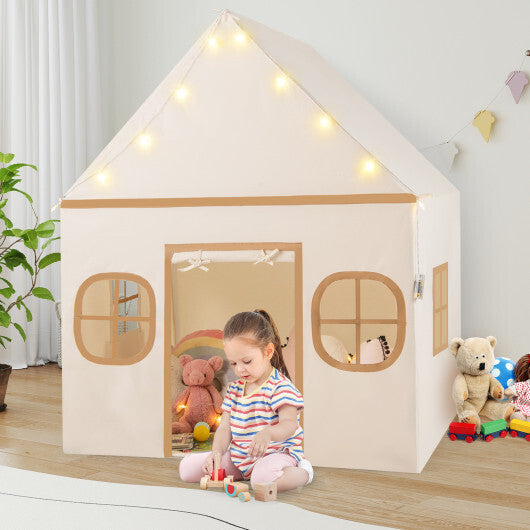 Kids Play Tent Large Playhouse with Door Curtain and Windows Star Lights-Coffee LuxuryLifeWay Online Store