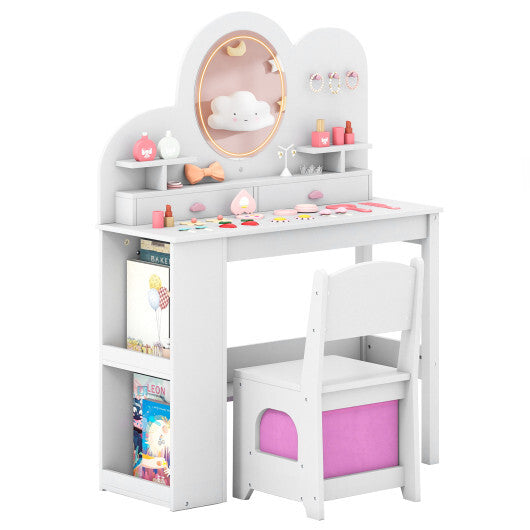 Kids Vanity with Lights Princess Vanity Table and Chair Set with 2 Drawers and 2-Tier Bookshelf-White LuxuryLifeWay Online Store