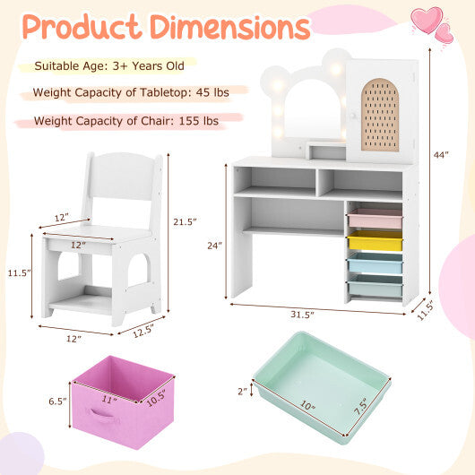Kids Vanity with Lights and 5 Drawers for Kids Aged 3+ Years Old-White LuxuryLifeWay Online Store