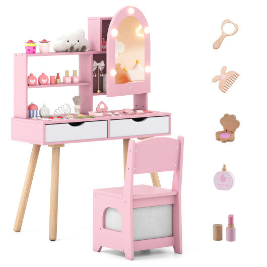 Kids Vanity Set Pretend Play Dressing Table Set with 3-Color Lighting Modes Adjustable Brightness and Mirror Cabinet-Pink LuxuryLifeWay Online Store