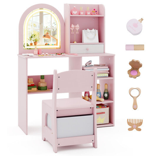 Kids Vanity Set Princess Girls Makeup Vanity Desk with Chair and 3-Color LED Lighted Mirror-Pink LuxuryLifeWay Online Store