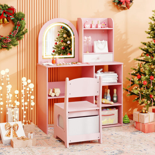Kids Vanity Set Princess Girls Makeup Vanity Desk with Chair and 3-Color LED Lighted Mirror-Pink LuxuryLifeWay Online Store