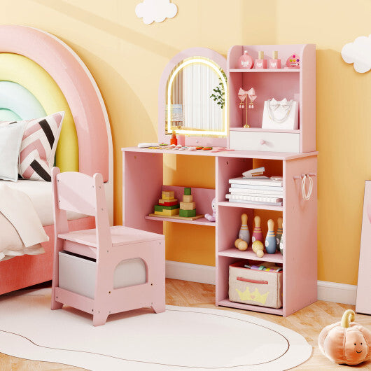 Kids Vanity Set Princess Girls Makeup Vanity Desk with Chair and 3-Color LED Lighted Mirror-Pink LuxuryLifeWay Online Store