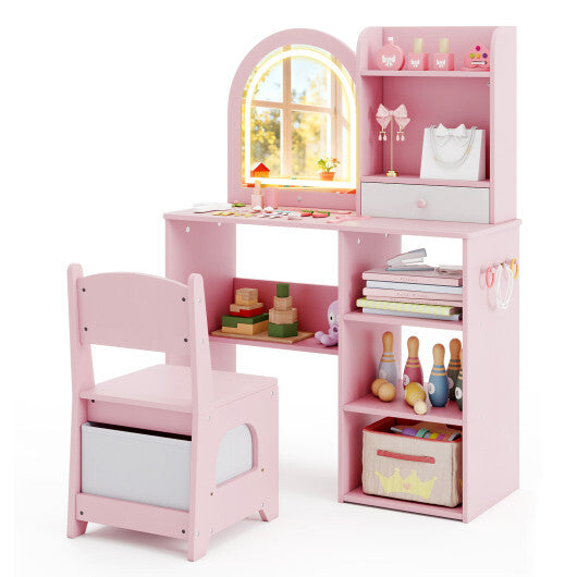 Kids Vanity Set Princess Girls Makeup Vanity Desk with Chair and 3-Color LED Lighted Mirror-Pink LuxuryLifeWay Online Store