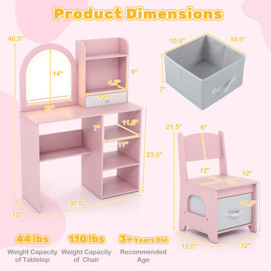 Kids Vanity Set Princess Girls Makeup Vanity Desk with Chair and 3-Color LED Lighted Mirror-Pink LuxuryLifeWay Online Store