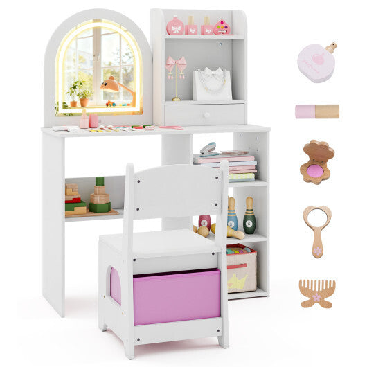 Kids Vanity Set Princess Girls Makeup Vanity Desk with Chair and 3-Color LED Lighted Mirror-Pink LuxuryLifeWay Online Store