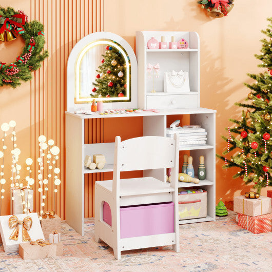 Kids Vanity Set Princess Girls Makeup Vanity Desk with Chair and 3-Color LED Lighted Mirror-Pink LuxuryLifeWay Online Store