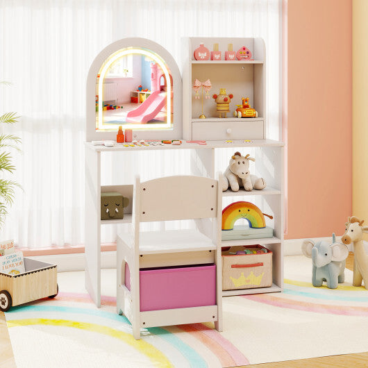 Kids Vanity Set Princess Girls Makeup Vanity Desk with Chair and 3-Color LED Lighted Mirror-Pink LuxuryLifeWay Online Store