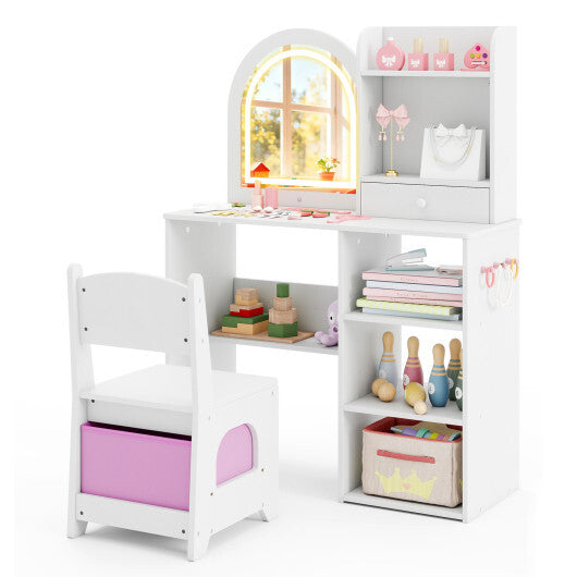 Kids Vanity Set Princess Girls Makeup Vanity Desk with Chair and 3-Color LED Lighted Mirror-Pink LuxuryLifeWay Online Store