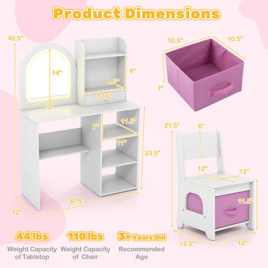Kids Vanity Set Princess Girls Makeup Vanity Desk with Chair and 3-Color LED Lighted Mirror-Pink LuxuryLifeWay Online Store