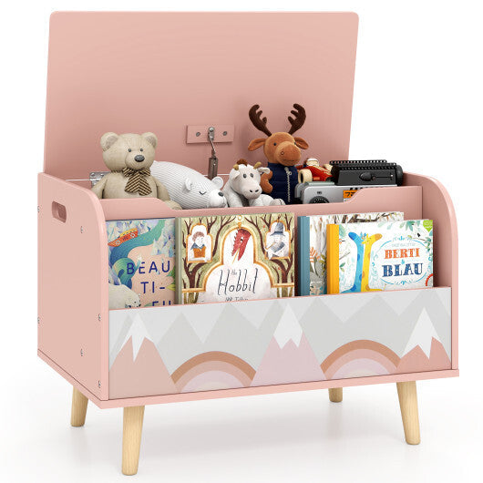 Kids Wooden Toy Box with Front Bookshelf and 4 Solid Wood Legs for Playroom-Pink LuxuryLifeWay Online Store