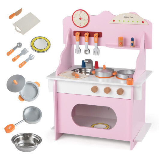 Wooden Play Kitchen for Kids Pretend Play Toy Kitchen Set with Clock Gift for Boys and Girls 3 +Pink