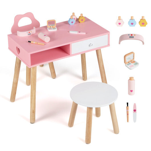 Kids Pretend Nail Salon Playset with Chair and Stool Wooden Toddlers Makeup and Manicure Kit with Eye Shadow-Pink LuxuryLifeWay Online Store