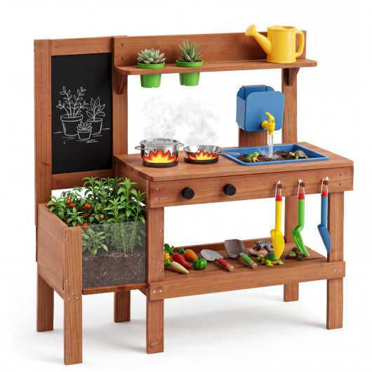 Kids Mud Kitchen with Planter Box and Sink and 13 Accessories for Ages 3+-Natural LuxuryLifeWay Online Store