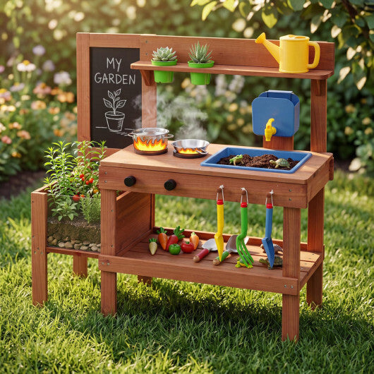 Kids Mud Kitchen with Planter Box and Sink and 13 Accessories for Ages 3+-Natural LuxuryLifeWay Online Store