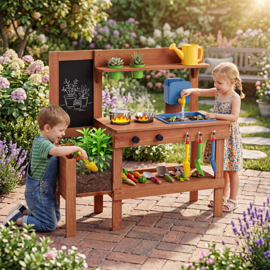 Kids Mud Kitchen with Planter Box and Sink and 13 Accessories for Ages 3+-Natural LuxuryLifeWay Online Store