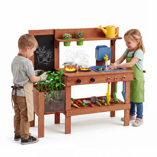 Kids Mud Kitchen with Planter Box and Sink and 13 Accessories for Ages 3+-Natural LuxuryLifeWay Online Store