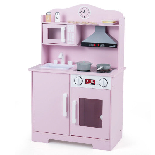 Play Kitchen for Kids Wooden Playset with Range Hood and Microwave-Pink LuxuryLifeWay Online Store
