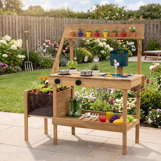Kids Mud Kitchen Wooden Play Kitchen with Planter Box-Natural LuxuryLifeWay Online Store