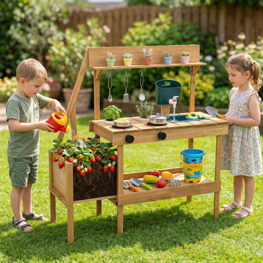 Kids Mud Kitchen Wooden Play Kitchen with Planter Box-Natural LuxuryLifeWay Online Store