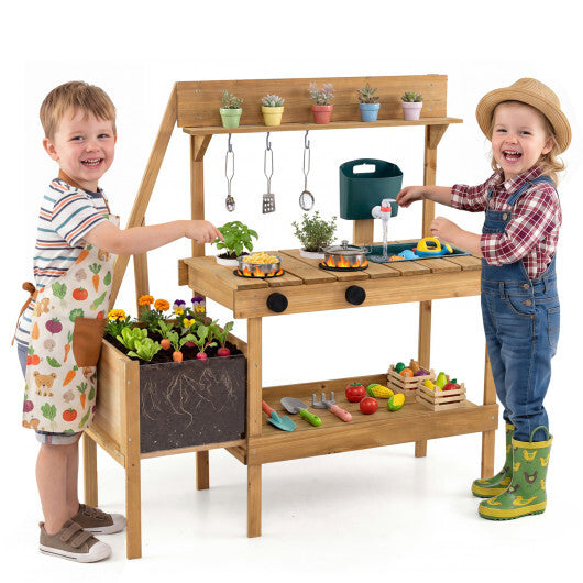 Kids Mud Kitchen Wooden Play Kitchen with Planter Box-Natural LuxuryLifeWay Online Store