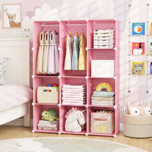 Modular Baby Wardrobe with 10 Cubes & Hanging Rod and Shelves Stackable-Pink LuxuryLifeWay Online Store