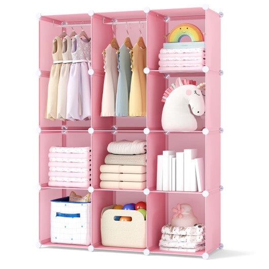 Modular Baby Wardrobe with 10 Cubes & Hanging Rod and Shelves Stackable-Pink LuxuryLifeWay Online Store