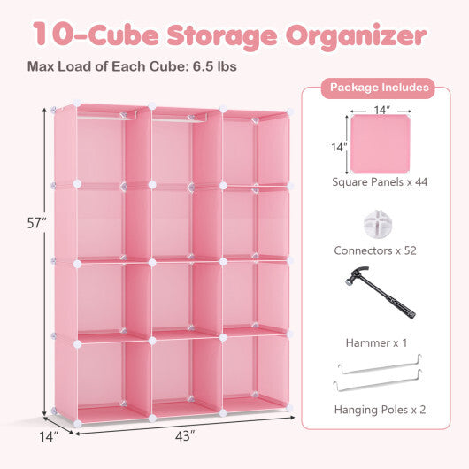 Modular Baby Wardrobe with 10 Cubes & Hanging Rod and Shelves Stackable-Pink LuxuryLifeWay Online Store