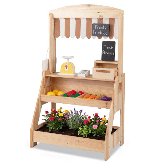 2-in-1 Wooden Mud Kitchen and Market Stand for Kids Outdoor with Planter Box and 2 Chalkboards-Natrual LuxuryLifeWay Online Store