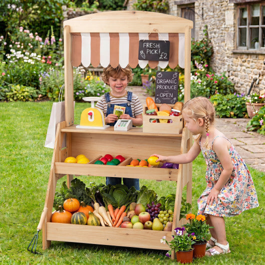 2-in-1 Wooden Mud Kitchen and Market Stand for Kids Outdoor with Planter Box and 2 Chalkboards-Natrual LuxuryLifeWay Online Store