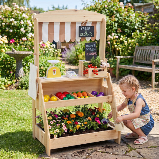2-in-1 Wooden Mud Kitchen and Market Stand for Kids Outdoor with Planter Box and 2 Chalkboards-Natrual LuxuryLifeWay Online Store