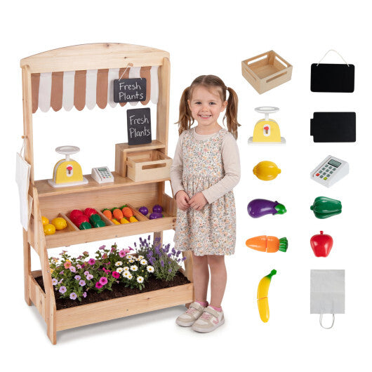 2-in-1 Wooden Mud Kitchen and Market Stand for Kids Outdoor with Planter Box and 2 Chalkboards-Natrual LuxuryLifeWay Online Store