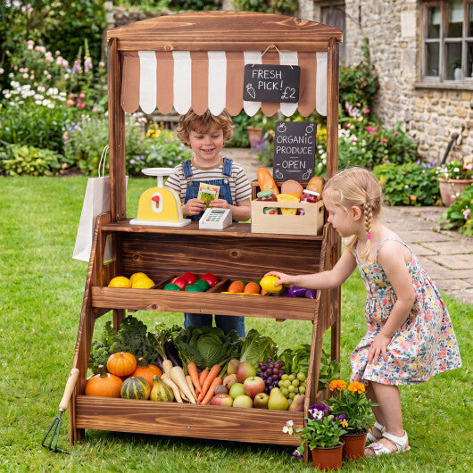2-in-1 Wooden Mud Kitchen and Market Stand for Kids Outdoor with Planter Box and 2 Chalkboards-Natrual LuxuryLifeWay Online Store