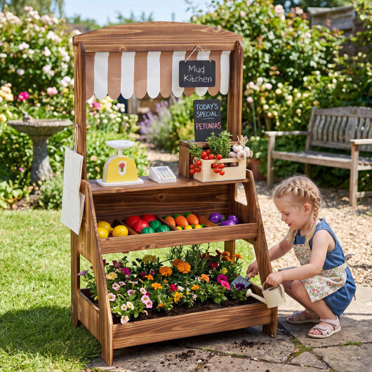 2-in-1 Wooden Mud Kitchen and Market Stand for Kids Outdoor with Planter Box and 2 Chalkboards-Natrual LuxuryLifeWay Online Store