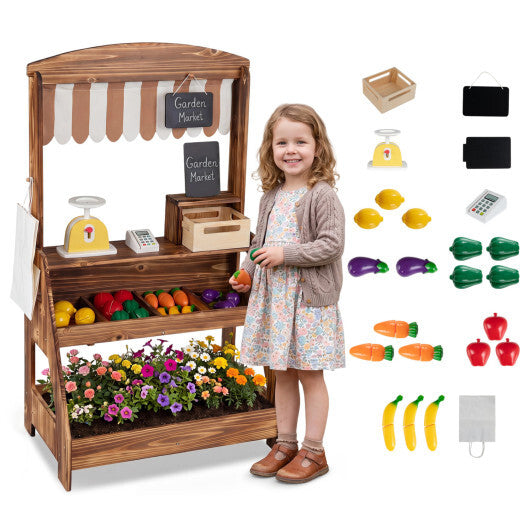 2-in-1 Wooden Mud Kitchen and Market Stand for Kids Outdoor with Planter Box and 2 Chalkboards-Natrual LuxuryLifeWay Online Store