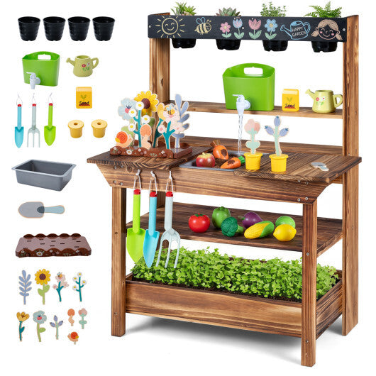 Outdoor Wood Mud Kitchen with Water Faucet and Planter for Kids Age 3+-Brown LuxuryLifeWay Online Store