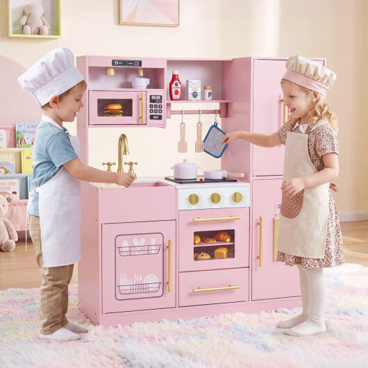 Wooden Play Kitchen with Lights & Sounds and Sink Stove Oven for Kids Ages 3+-Pink LuxuryLifeWay Online Store